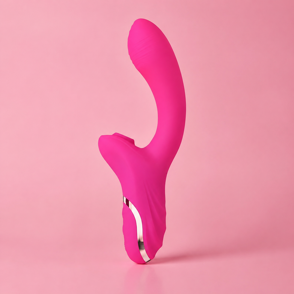 Premium pink silicone rabbit vibrator with dual stimulation design and ergonomic curved shape on a soft pink background.
