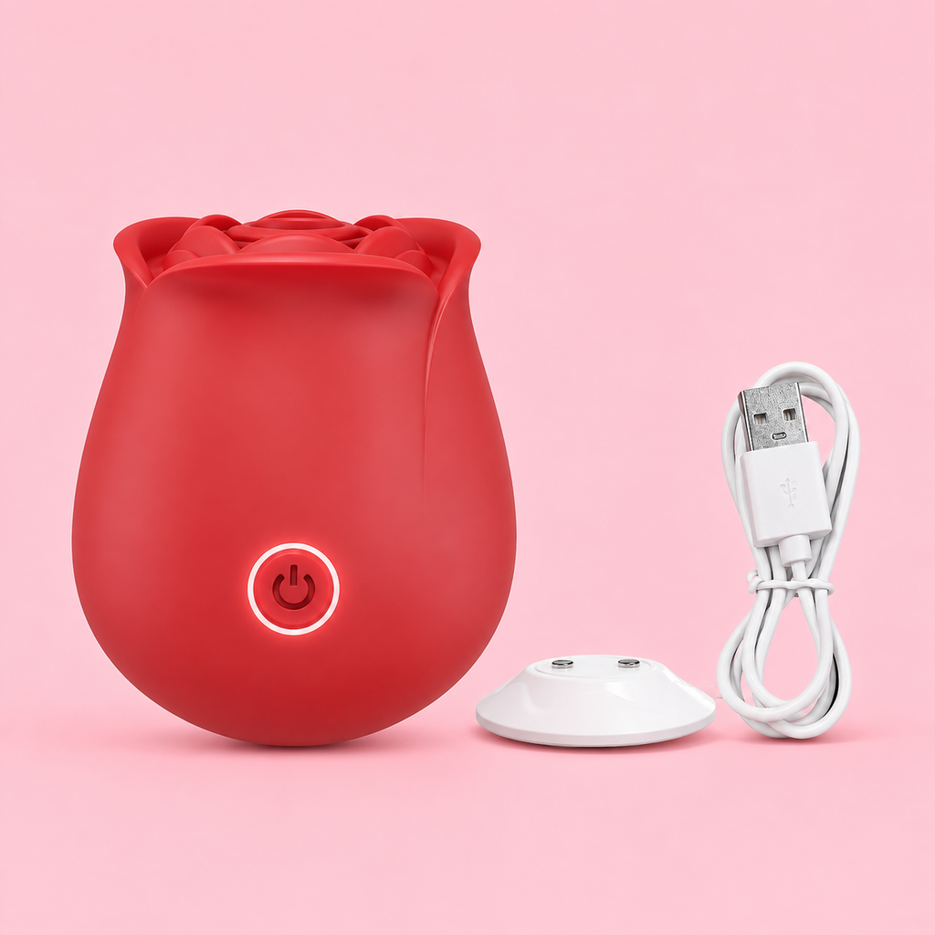 Rose-shaped rechargeable suction massager with 10 intensity modes, waterproof silicone design, available in red, purple, and black.