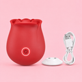 Rose-shaped rechargeable suction massager with 10 intensity modes, waterproof silicone design, available in red, purple, and black.