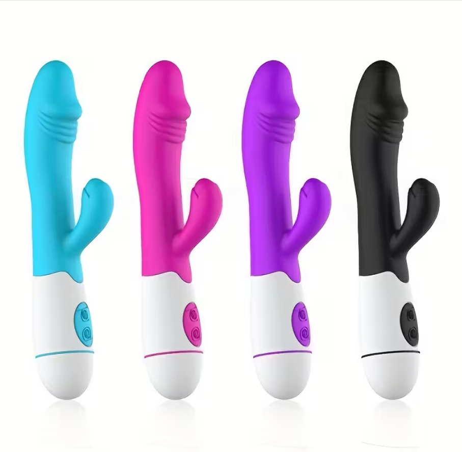 Dual-stimulation rabbit vibrator available in blue, pink, purple, and black with ergonomic waterproof silicone design.