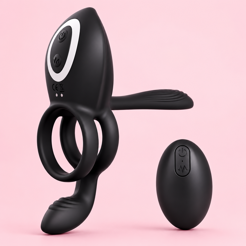 Black rechargeable dual ring vibrator with wireless remote control and 10 vibration modes on a soft pink background.