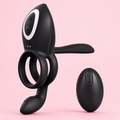 Black rechargeable dual ring vibrator with wireless remote control and 10 vibration modes on a soft pink background.