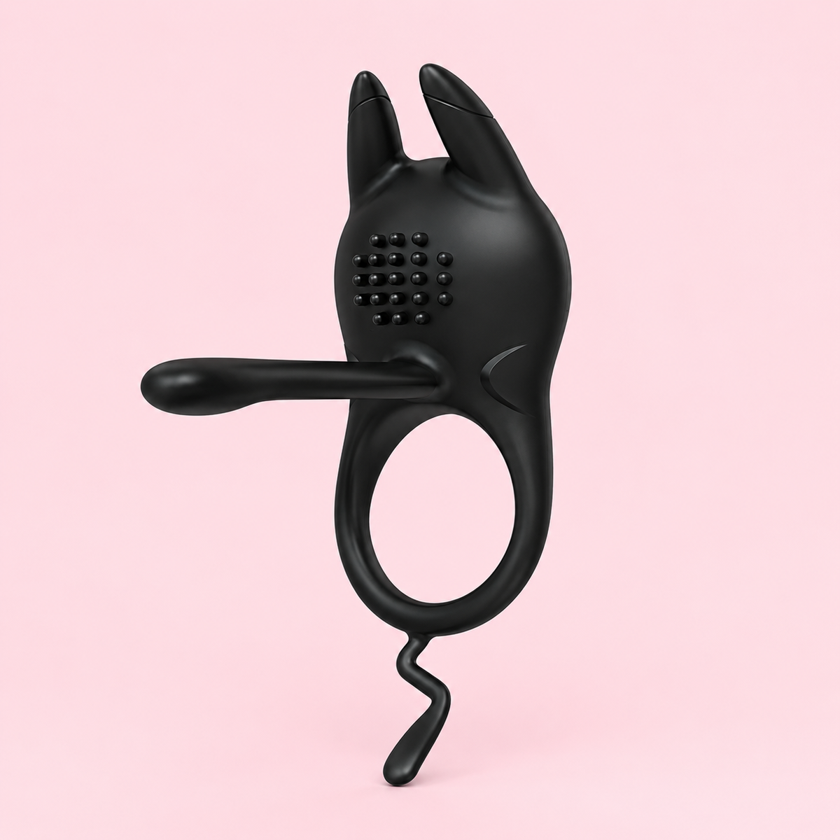 Black rechargeable rabbit vibrating ring with 10 vibration modes, waterproof silicone design and ergonomic stimulation features.